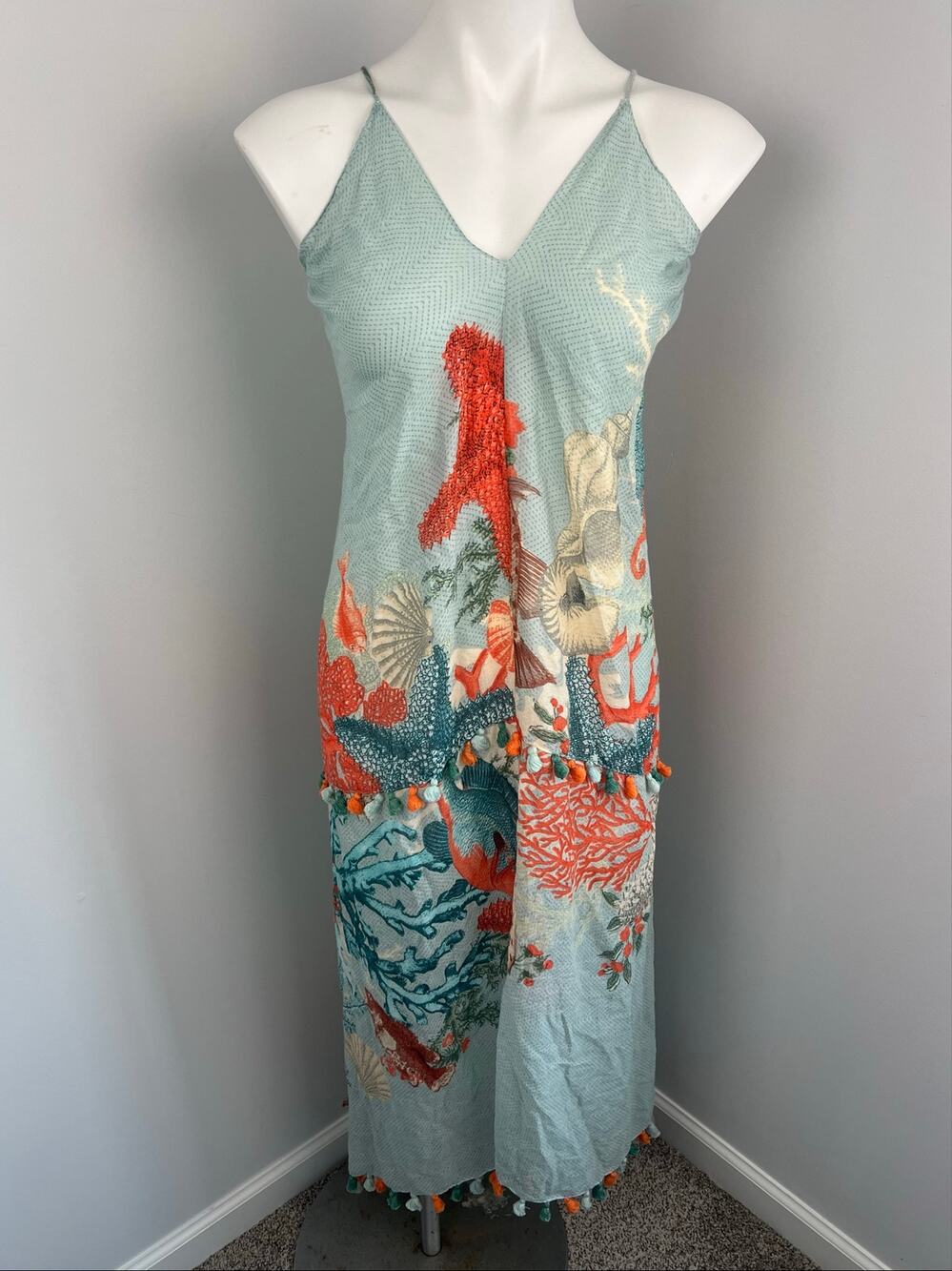 Aratta Silent Journey Ocean View Sea Life Print Tassel Boho Dress Beach
